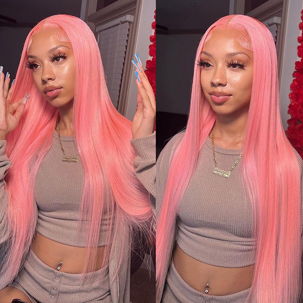 Colored 13x4 HD Lace Front Wig 220% Density 30 Inch Light Pink Straight Hair Colored Human Hair Wigs