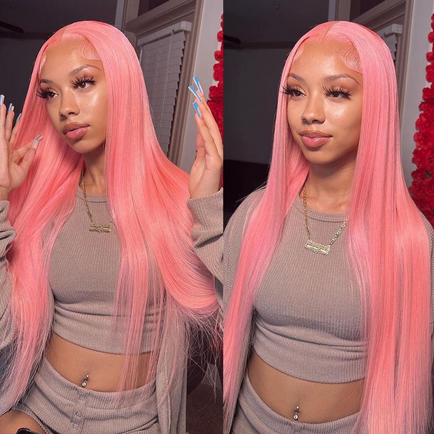 Barbie Colored 13x4 HD Lace Front Wig 220% Density 30 Inch Light Pink Straight Hair Colored Human Hair Wigs
