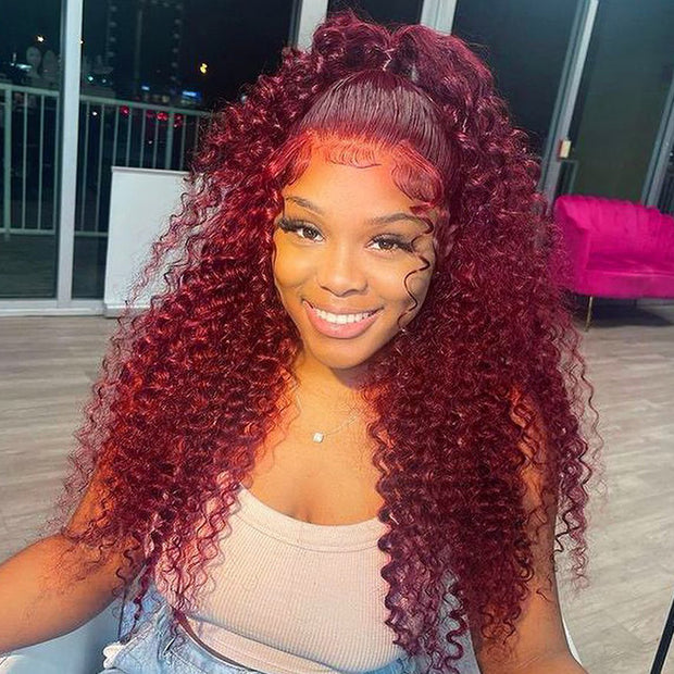 99J Colored Curly 13x4 13x6 HD Lace Frontal Real Human Hair Wigs Burgundy Glueless Human Hair Wig