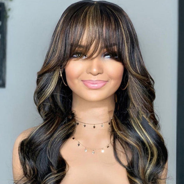 Highlights Body Wave Wig with Bangs Glueless Throw on & Go Cost-effective Wig Machinemade