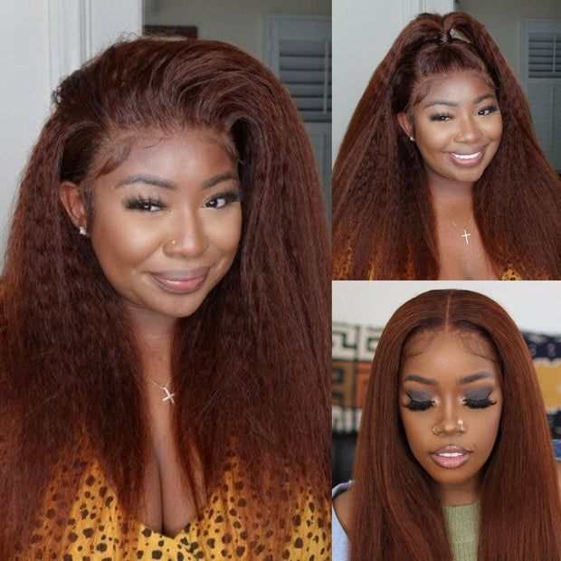 Clearance Sale| 5x5 Kinky Straight Reddish Brown Lace Closure Wig Human Hair Auburn Copper Color for Women
