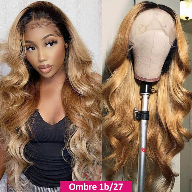Ombre Color Wig 13*4 Transparent Lace 220% Density Wig Body Wave Virgin Human Hair Wigs Pre Plucked