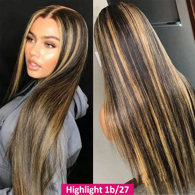 Highlight Colored Wigs Straight 13x4 HD Lace Front 220% Density Highlight Human Hair Wigs For Women