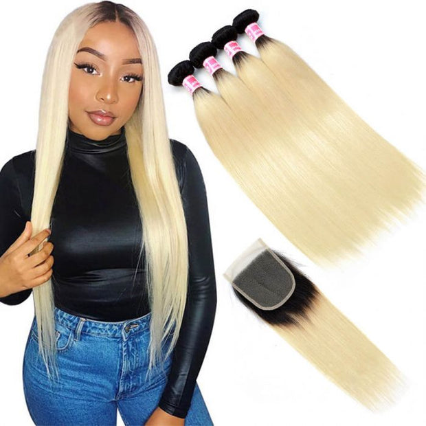 Ombre Color 1B/613 Brazilian Straight Hair Weave 4 Bundles With 4X4 Lace Lace High Quality Unprocessed Virgin Human Hair