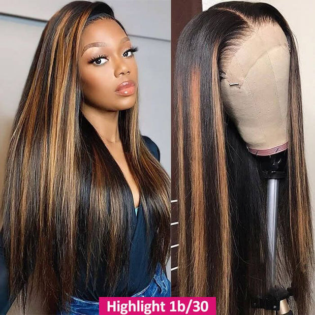 Highlight Colored Wigs Straight 13x4 HD Lace Front 220% Density Highlight Human Hair Wigs For Women