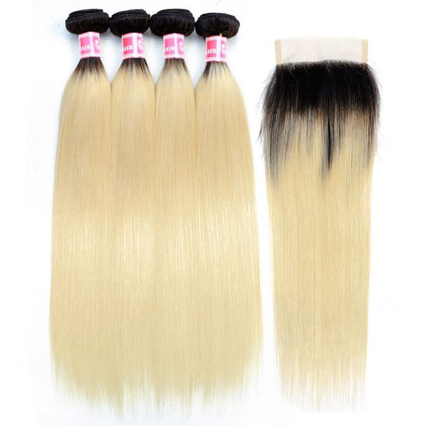 Ombre Color 1B/613 Brazilian Straight Hair Weave 4 Bundles With 4X4 Lace Lace High Quality Unprocessed Virgin Human Hair