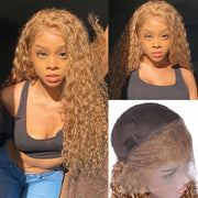Water Wave HD Transparent Lace Pure #27 Honey Blonde Front Wigs Human Hair Pre plucked Bleached knots With Baby Hair