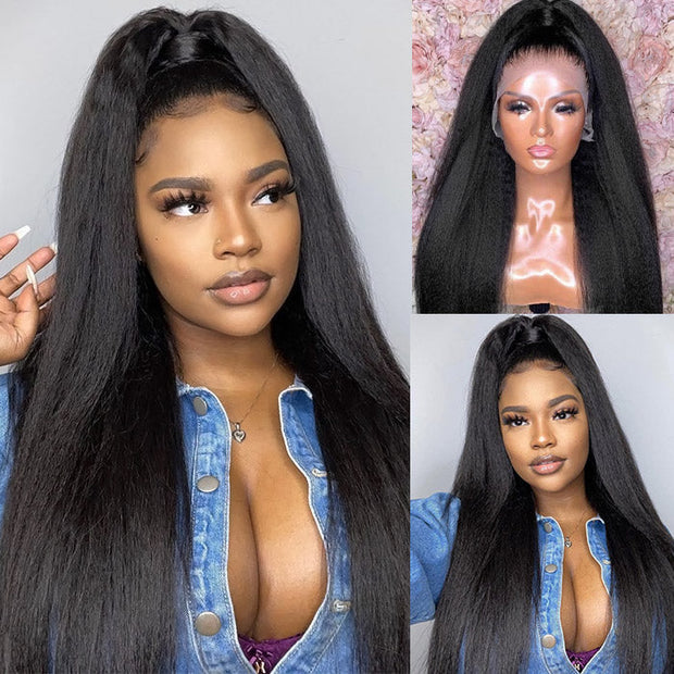 Realistic 13x6 HD Transparent Lace Wig Kinky Straight Undetectable Hair Wig Glueless