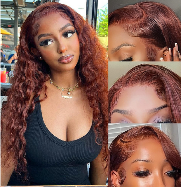 Wear And Go Reddish Brown Deep Wave Pre-Cut Lace 4x4 Lace Closure Glueless Human Hair Wig