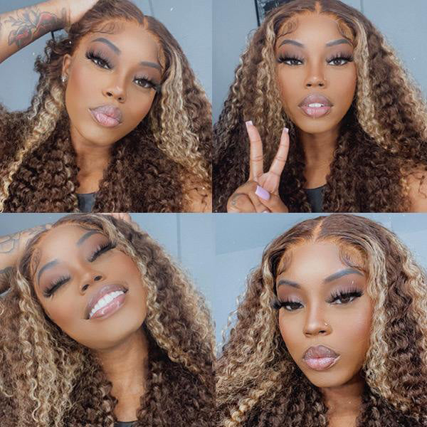 Honey Blonde Sun Kissed Highlights Curly Lace Front Wigs 13X4 13x6 Lace Frontal Human Hair Wigs For Women