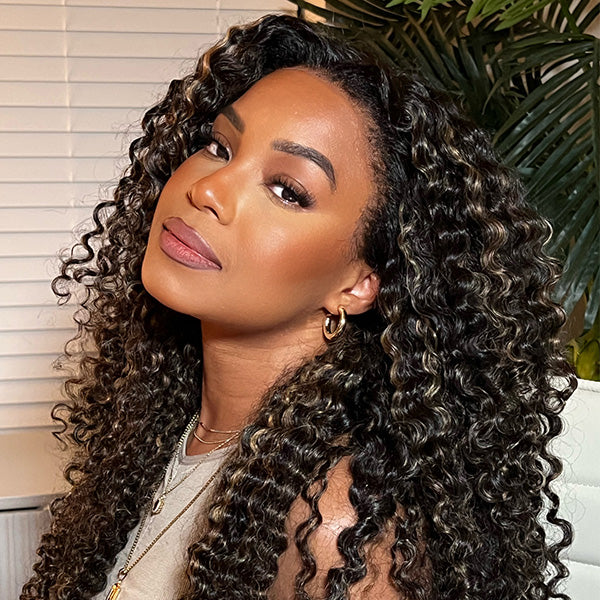 4c Edges Hairline丨#1B/27 Highlight Culry Human Hair Lace Wig Effortless Kinky Culry Edges 13X4 Undetectable HD Lace Front Wig