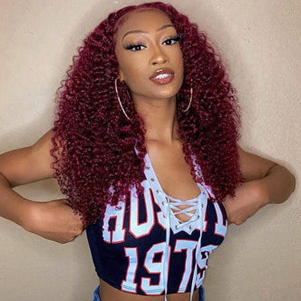 26" Invisible HD Lace Burgundy 99J Curly Human Hair Wigs Colored Transparent 13X4 Lace Frontal Wig Preplucked Red Hair Wig