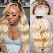 Ombre T4/613 Brown Roots Blonde Straight/Body Wave 13x4/13X6 Lace Front Wigs 32 inch Long Human Hair Wigs