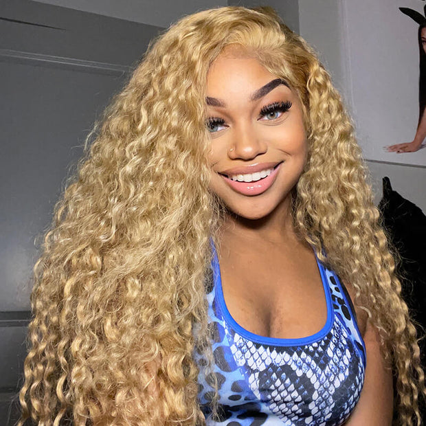 #27 Golden Blonde Brown Colored Wig Water Wave Curly 4x4/5x5/13x4 Transparent Lace Wig Human Hair Wigs Free Part