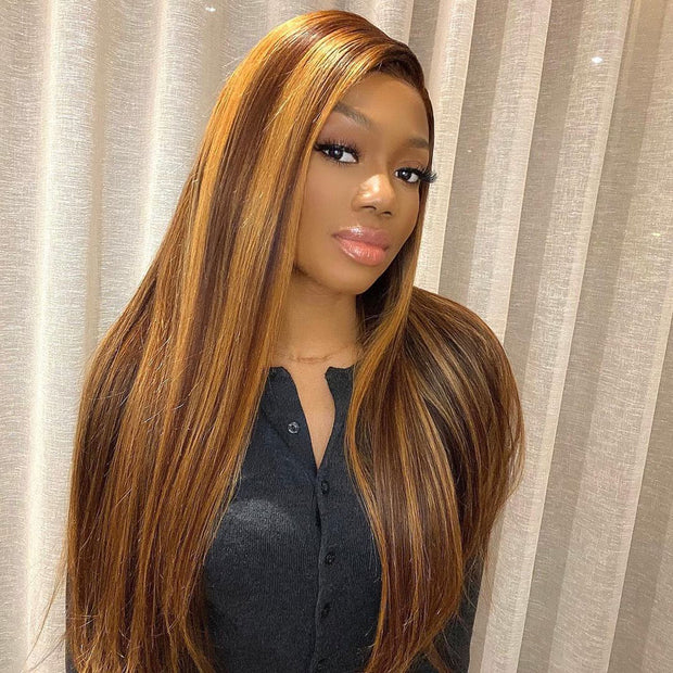 4/27 Highlight Brown And Blonde Straight Body Wave Curly 13×4 HD Lace Full Frontal Wig 100% Human Hair