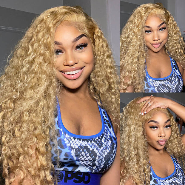 Water Wave HD Transparent Lace Pure #27 Honey Blonde Front Wigs Human Hair Pre plucked Bleached knots With Baby Hair