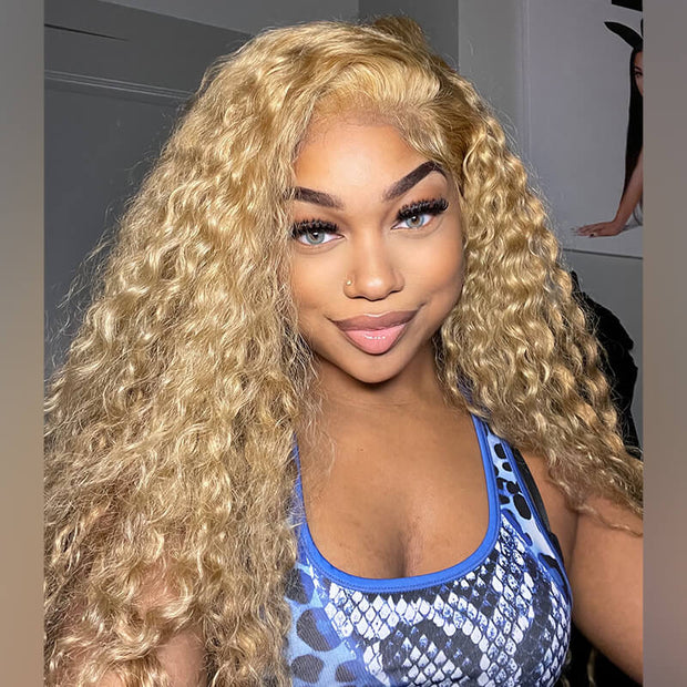 Water Wave HD Transparent Lace Pure #27 Honey Blonde Front Wigs Human Hair Pre plucked Bleached knots With Baby Hair