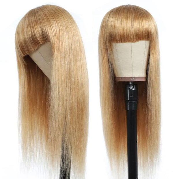 Honey Blonde Wigs with Bangs Human Hair 13x4 HD Lace Wig/Full Machine Made Wig With Bangs