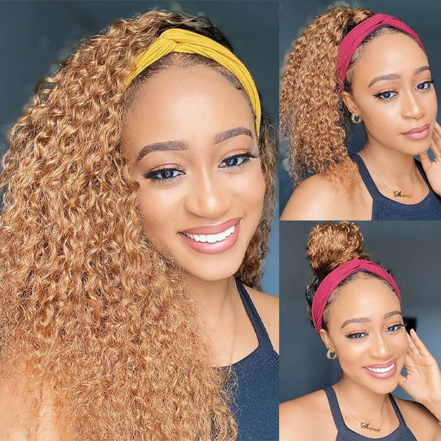 #27 Honey Blonde Curly Hair Headband Wig Human Hair Quick And Easy Install