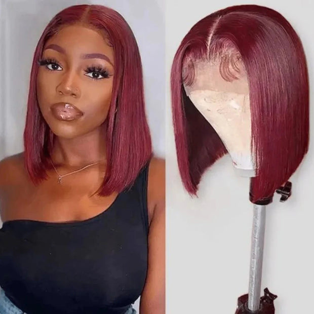 99J Burgundy Red Color Short Bob Wig Transparent 13x4 Lace Front Wigs For Women