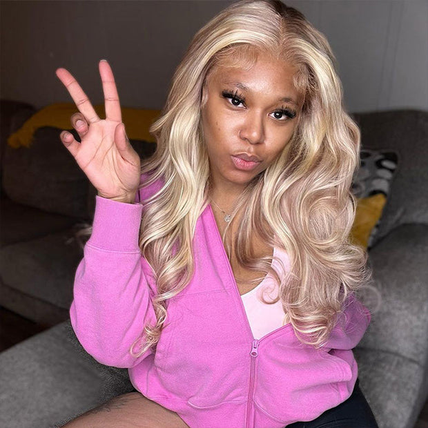 Light Brown Wig With Blonde Highlights And Dark Root 13x4 Undetectable Invisible HD Lace Front Human Hair Wigs