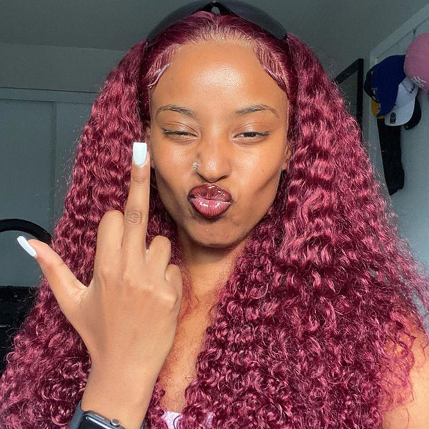 26 Inch Invisible HD Lace Burgundy 99J Curly Human Hair Wigs Colored Transparent 13X4 Lace Frontal Wig Preplucked Red Hair Wig