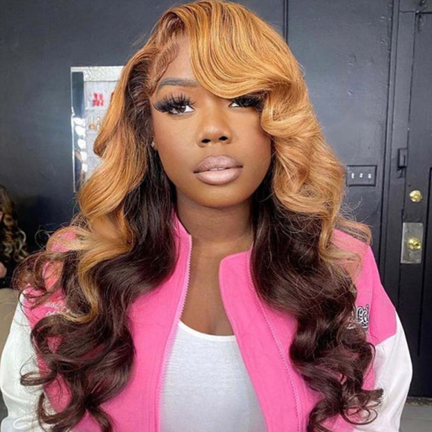 Ombre Honey Blonde With Brown Wigs Body Wave 13x4 Undetectable HD Lace Front Wigs Human Hair