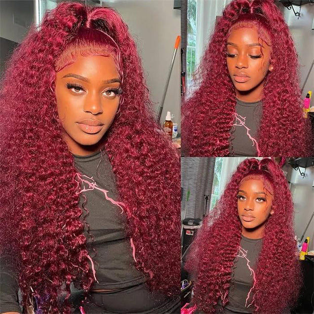 99J Burgundy Color Deep Wave Human Hair Wig 4x4 13x4 Transparent Lace Front Wig With Pre-plucked Hairline