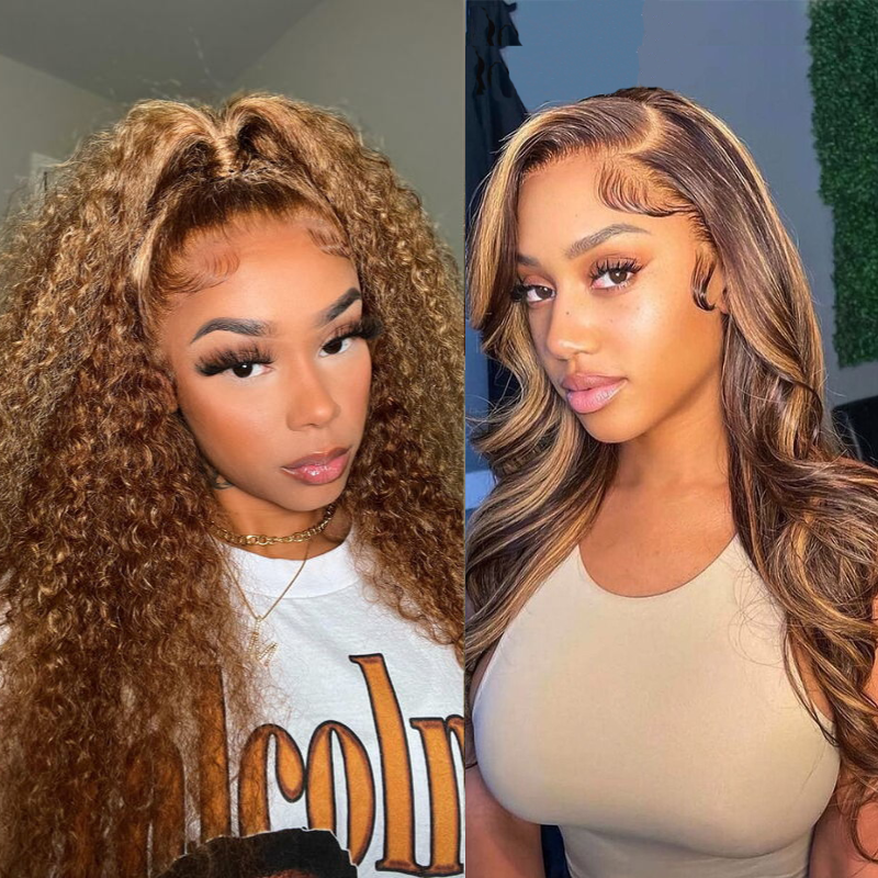 Honey Blonde Highlight Curly HD Lace Front Wigs 100% Human Hair Wigs 180% Density