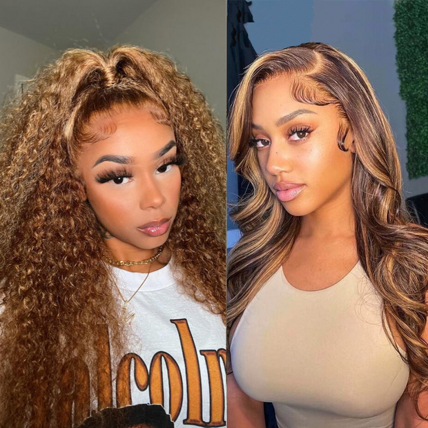 Honey Blonde Highlight Lace Front Curly  Wigs 100% Human Hair Wigs Flash Sale
