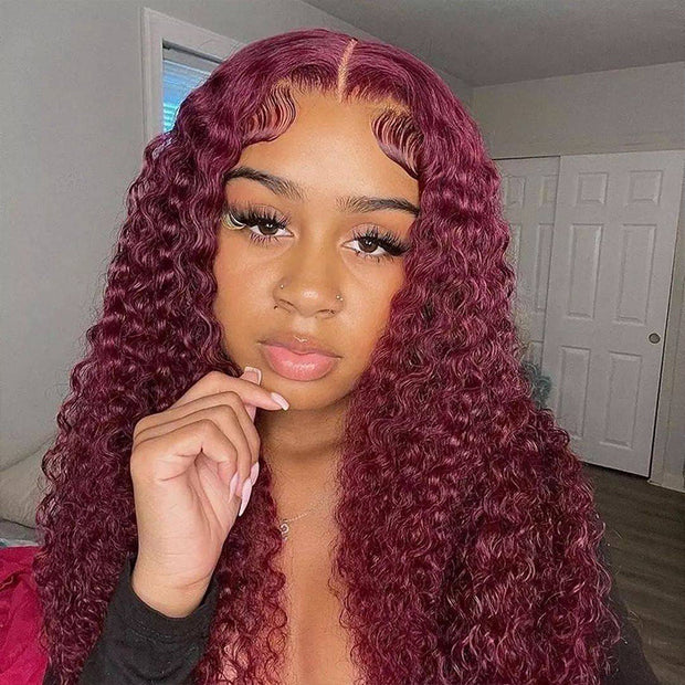 Clearance Sale|26 Inch Invisible HD Lace Burgundy 99J Curly Human Hair Wigs Colored Transparent 13X4 Lace Frontal Wig Preplucked Red Hair Wig