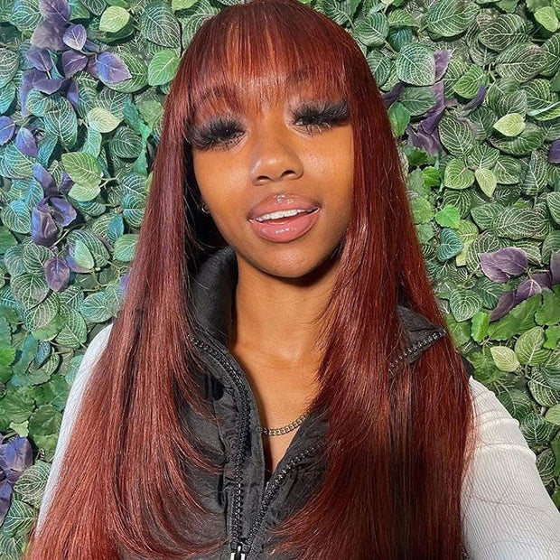 Reddish Brown Straight 13x4 Lace Front Wig With Bangs Machine Made Human Hair Wig Easy to Go