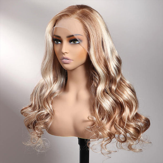 Light Brown Wig With Blonde Highlights And Dark Root 13x4 Undetectable Invisible HD Lace Front Human Hair Wigs