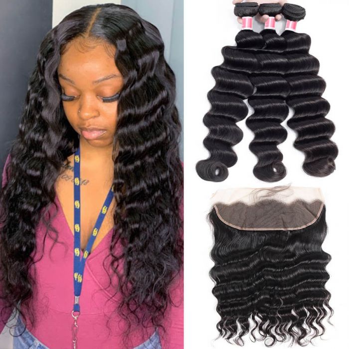 Brazilian Hair 3 Bundles With 13x4 HD Transprent Lace Frontal Loose Deep Wave 100% Unprocessed Virgin Human Hair