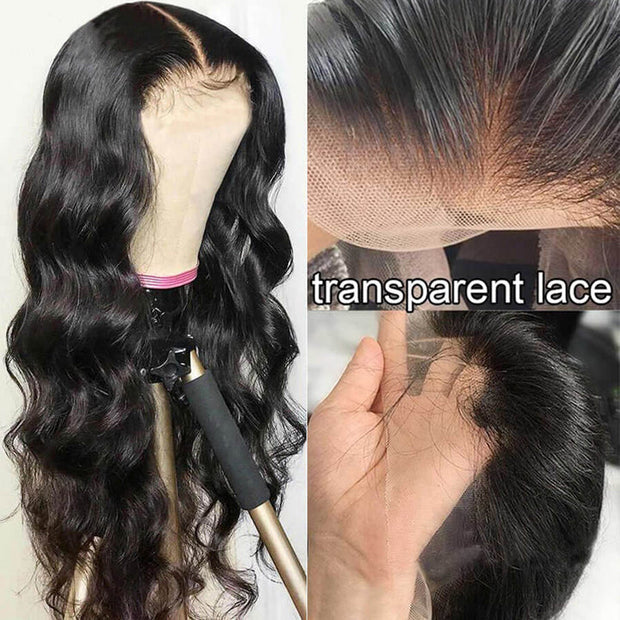 ClearanceSale|Body Wave Natural Black Human Hair 13X4 Lace Front Wigs With Pre-plucked Pre-bleached Natural Hairline