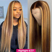 Highlight Colored Wigs Straight 13x4 HD Lace Front 220% Density Highlight Human Hair Wigs For Women