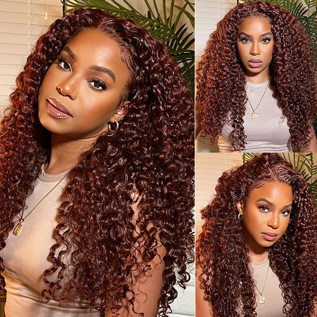 Glueless HD Lace Curly Hair Wig #33 Reddish Brown Color 13x4 Lace Front Human Hair Wigs Natural Pre-Plucked