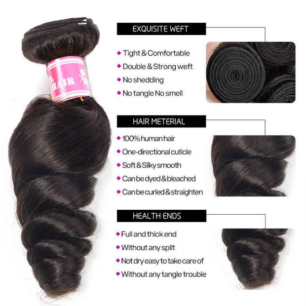 Brazilian Loose Wave 3 Bundles 100% Unprocessed Human Virgin Hair Weave