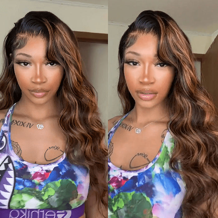1B/30 Auburn Brown Highlight Body Wave Lace Front Human Hair Wigs For Women