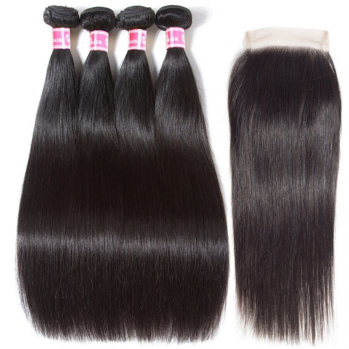 Brazilian Straight Hair Weave 4 Bundles With 4*4 Human Hair Lace Closure Unprocessed Virgin Hair