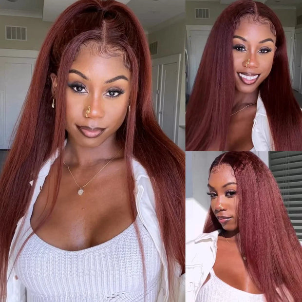 4x4 Kinky Straight Reddish Brown Lace Closure Wig Human Hair Auburn Copper Color for Women