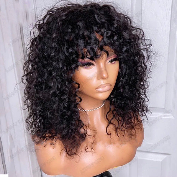 Deep Wave Human Hair Wigs With Bangs No Lace Front Human Hair Wigs 150% Density Full Machine Made Wig