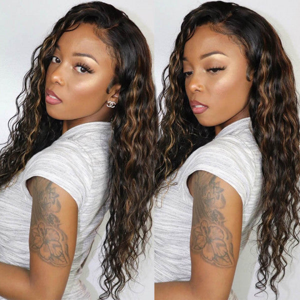 1B/30 Water Wave Highlight Wigs Human Hair Pre Plucked Ombre Highlight Lace Front Wig