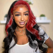 13X4 HD Lace Front Wig Black With Red Color Skunk Stripe Human Hair Wigs