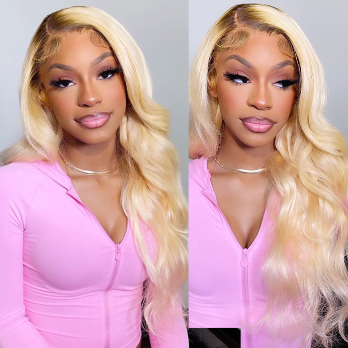 Ombre T4/613 Brown Roots Blonde Straight/Body Wave 13x4/13X6 Lace Front Wigs 32 inch Long Human Hair Wigs