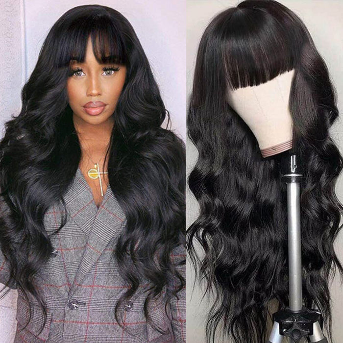 Body Wave Wigs With Bangs 150% Density Human Hair Wigs For Black Women Glueless Half Machine Made Wigs