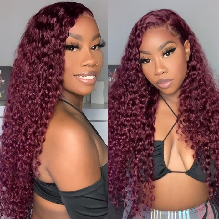 99J Dark Burgundy Colored Curly 13x4 13x6 HD Lace Frontal Real Human Hair Wigs Burgundy Glueless Human Hair Wig