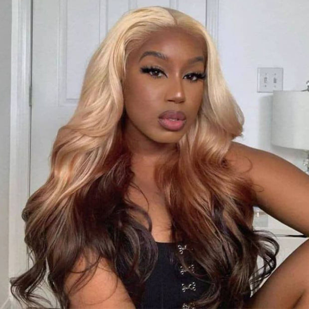 #613/4 Blonde 613 Roots With Brown Color Ends 13x4/13x6 HD Lace Wig Colored Body Wave Human Hair Wig