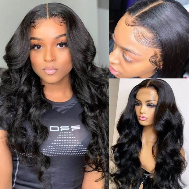 Body Wave Natural Black Human Hair T Part Lace Front Wigs With Natural Hairline