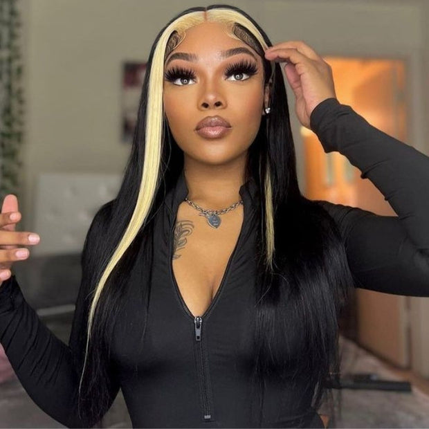 Clearance Sale|Highlights Blonde & Black Skunk Stripe Straight Lace Closure Human Hair Wigs 1B/613 Colored HD Transparent 13*4/4x4 Lace Front Wig With Baby Hair